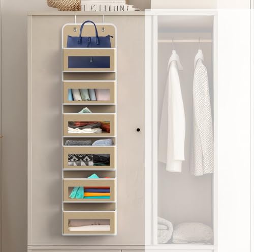 6 Clear Window Pocket Over Door Hanging Organizer (6 Pockets / Beige)