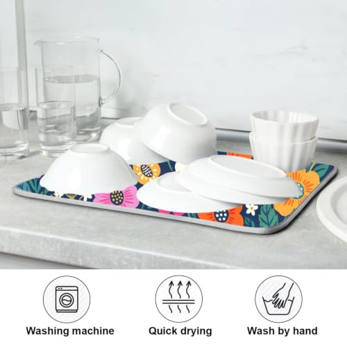 Flower Floral Dish Drying Mat for Kitchen Counter Absorbent Microfiber Drying Pad (18" x 24")