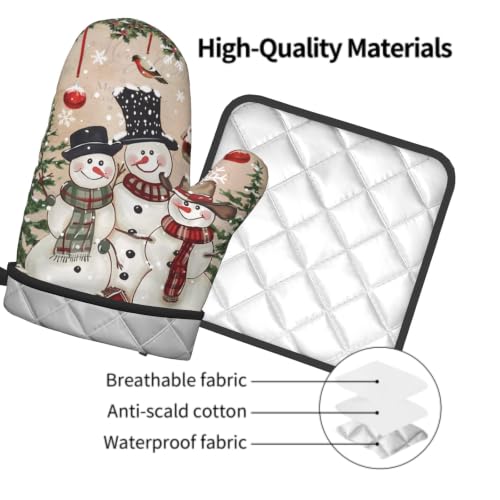 Winter Snowman Oven Mitts and Pot Holder 2Pcs Xmas Tree Kitchen Gloves Potholder Heat Resistant Hot Pad Baking Cooking Grilling Accessories (Winter Snowman Bell)