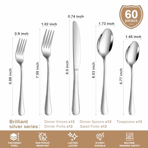 Silverware Set 60 Piece Stainless Steel Flatware Set Silverware Utensils for 12 People Includes Forks Knives Spoons & Salad Forks Dishwasher Safe for Home Restaurant or Outdoor Use (Silver / 60-Piece)