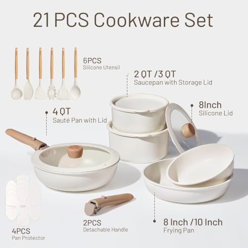 Pots and Pans Set Non Stick (White / 21 Piece)