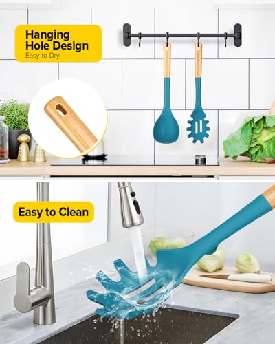Silicone Soup Ladle and Pasta Spoon Set with Wooden Handle (2 Count)