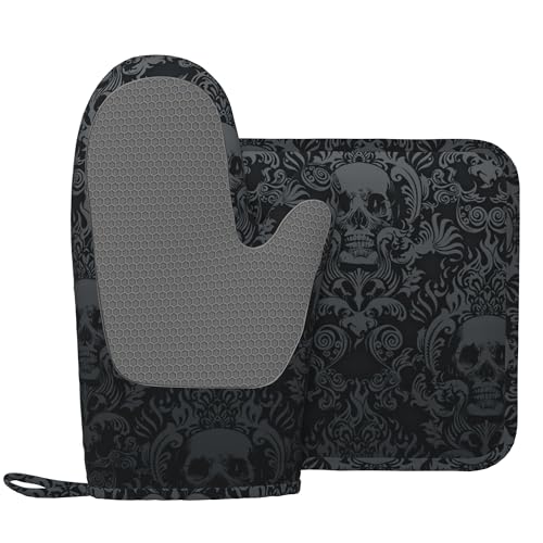 Gothic Skull Oven Mitts and Pot Holders Sets of 4 (One Size / Silicone Skull)