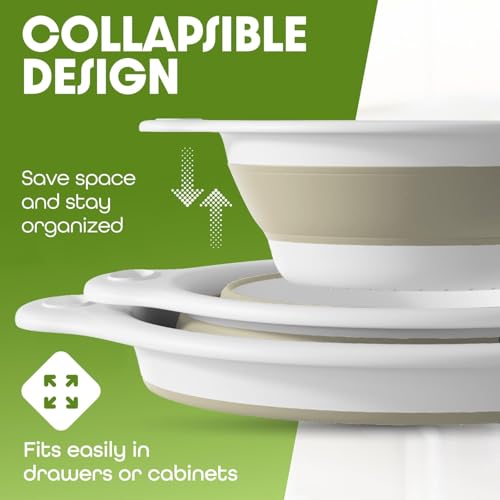 2-in-1 Large Collapsible Colander with Self-draining Base Set - Plastic Side Drain Food strainer for Edge of Kitchen Sink (Beige) (1 Pack / Beige)