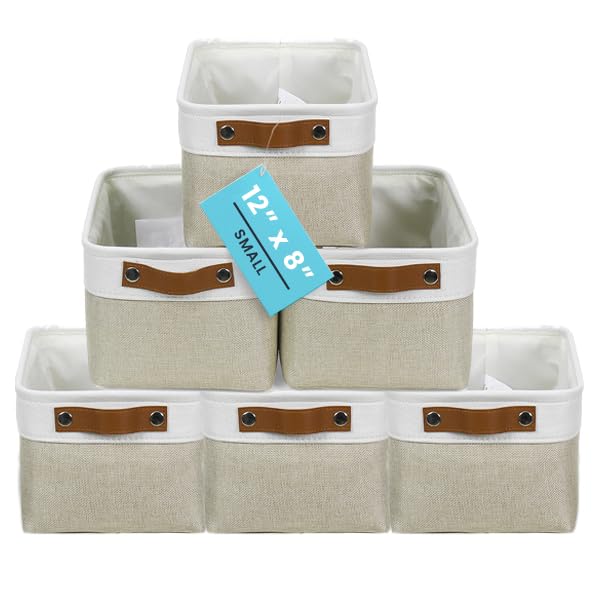 12x8in Canvas Storage Baskets (Beige / Off-White / Small - 6pc)