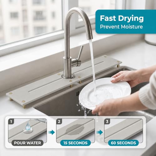 2PCS Stone Faucet Mat for Kitchen Sink (24"x 4" - Beige - Gold)