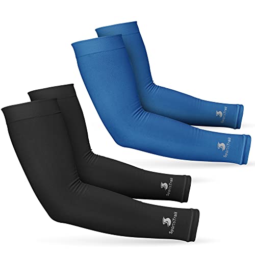Cooling Arm Sleeves for Men & Women (2 Pairs: 1 Pair Black + 1 Pair Dark Blue / One Size)