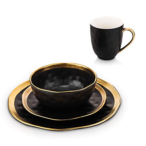 Florian Modern Porcelain 16 Piece Dinnerware Set (16-Pieces Service for 4 / Black with Gold Rim)