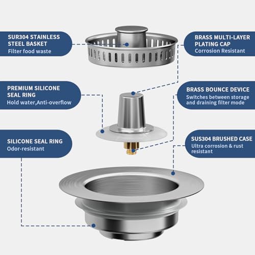 3-in-1 Kitchen Sink Drain Strainer & Sink Stopper 2 Pack - 304 Stainless Steel Sink Drain Strainer, Pop-Up Anti-Clog Design, Fits Standard 3-1/2'' Sink Drains (Sus304 Brushed 2pack)