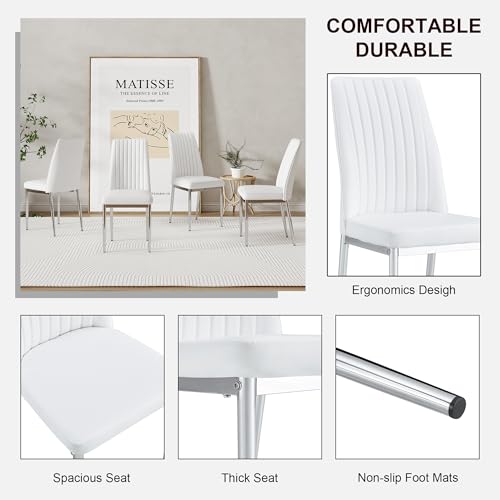 White Modern Dining Chairs Set of 6 PU Leather Armless Upholstered Chair for Dinner Room (S- White)