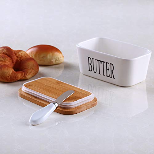 Ceramic Butter Dish with Bamboo Lid and Stainless Steel Knife Spreader (White)