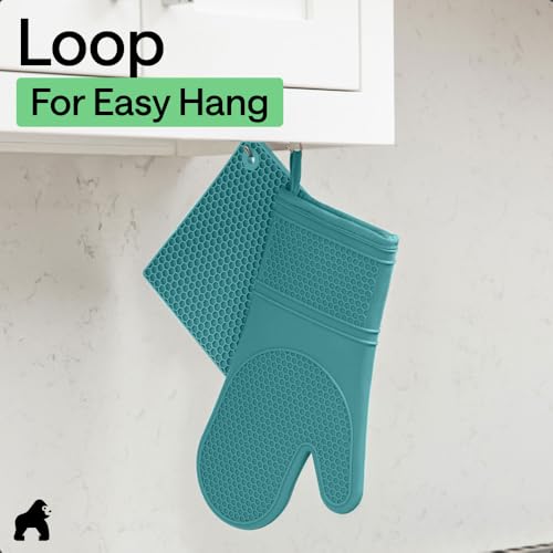 BPA Free Silicone Oven Mitts and Pot Holders Set (Turquoise / 12.5" Oven Mitts + 7" Trivets)