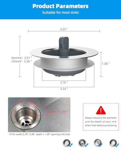 3 in 1 Kitchen Sink Drain Strainer and Stopper Combo (Stainless-wrap Shell with 1 Strainer)