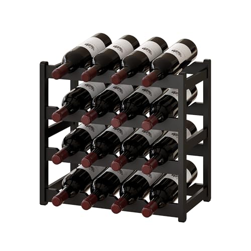 Bamboo Wine Rack Wine Storage Cabinet Shelf 16 Bottle Wine Racks Countertop Sturdy for Kitchen Dining Room Pantry (Black / 4 Tier)