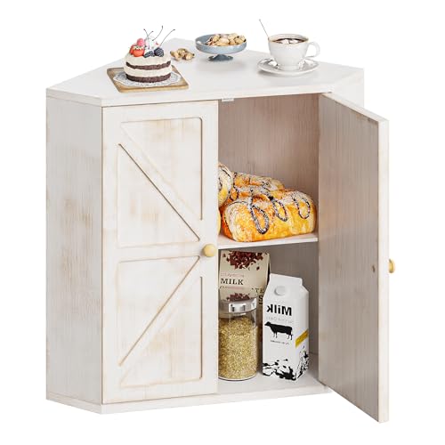 Corner Bread Box for Kitchen Counter Double Layer Bamboo Bread Storage Container Large Capacity Bread Storage Bin Farmhouse Breadbox Organizer (Antique White)