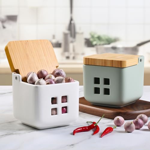 Ceramic Garlic Keeper with Bamboo Lid (White)