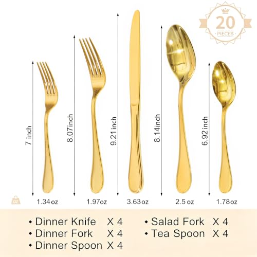 18 10 Stainless Steel Silverware Set for 4 (Gold / 20-Piece)