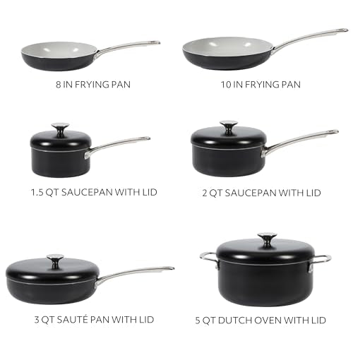 Kitchen Essentials Potluck Porch 10 Piece PFA Free Ceramic Non stick Interior Forged Aluminum Cookware Pots and Pans Set W (10-Piece Cookware Set / Black)