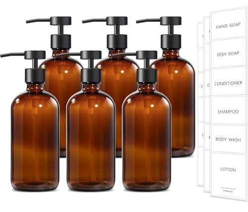 Amber Glass Soap Dispenser (Amber Bottle + Black Flat Pump / 6 Pack)