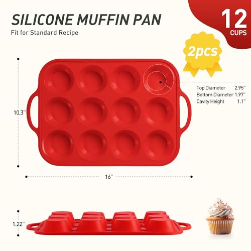 2 Packs 12 Cups Silicone Muffin Pan for Baking with Metal Reinforced Frame Regular Size Cupcake Pan Tray Egg Bites Silicone Cookie Molds Muffin Tin Tart Pans Sheet Set for Oven Dishwasher Safe (Regular / Red)