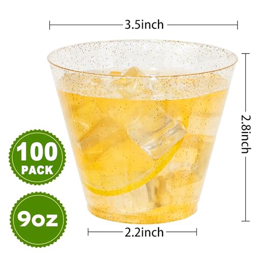 100 Pcs Gold Plastic Cups (Glitter-9oz-100)