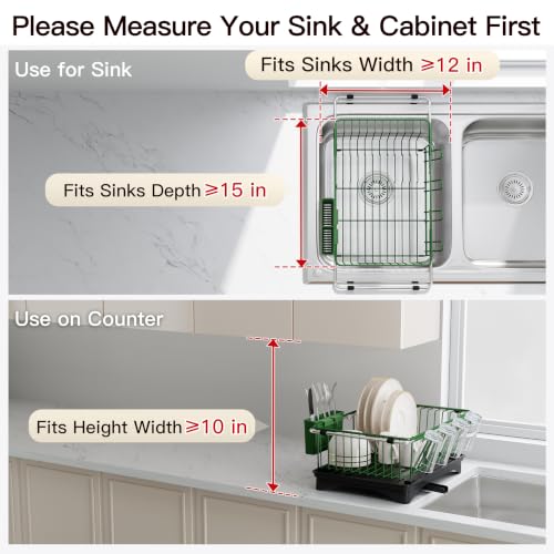 Green Dish Drying Rack in Sink with Drainboard and Utensil Holder (Green / For 12"-30"w Sink, with Drainboard)