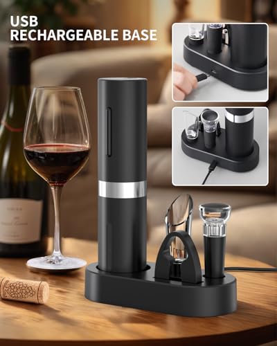 Electric Wine Bottle Opener Set Rechargeable Wine Corkscrew Cordless Wine Set with Charging Base (Black & Silver / Prestige Set)