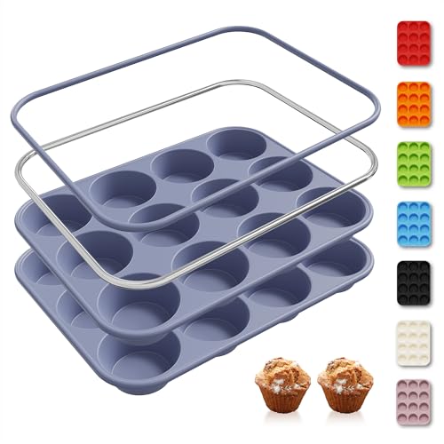 2 Pack 12 Cups Silicone Muffin Pan with Metal Reinforced Frame Regular Size Silicone Molds Cupcake Cake Baking Pans Cookie Baking Chocoflan Cupcake Mold Muffin Top Pan Flanera Housewarming Gift (2pc: 12-Cup Regular / Morandi Blue)