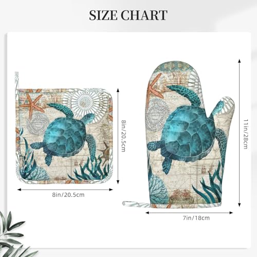 Sea Turtle Ocean Animal Landscape Oven Mitts and Pot Holders Sets Silicone Sea Turtle Kitchen Mitts Potholders Heat Resistant 4Pcs Oven Gloves Hot Pads for Kitchen Grilling (Sea Turtle)