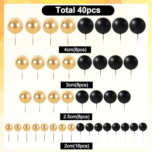 40 Pcs Ball Cake Toppers Mini Balls Cake Decorations Black Gold Foam Balls Sticks DIY Cake Topper for Congrats Grade 2026 Graduation Men Birthday New Year Retirement Party Decorations (40 Count)
