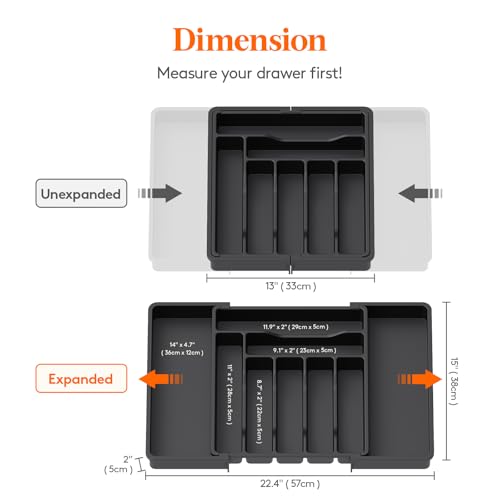 Expandable Silverware Drawer Organizer (Black / XL (13"-22.4" W × 15"D))
