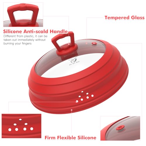 Tall Microwave Splatter Cover Glass Cover Guard Lid 7 inch Height with Collapsible Silicone for Food Pot Plate 10 inch Red (10.8 inch / Red (Taller style))