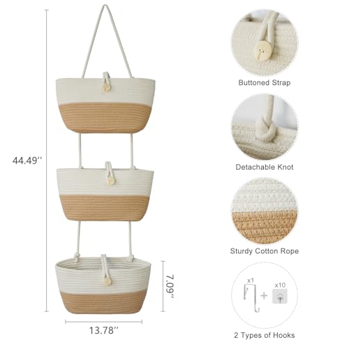 Over the Door Hanging Baskets with Wooden Button (White&Jute / 3 tier+Wooden Button)