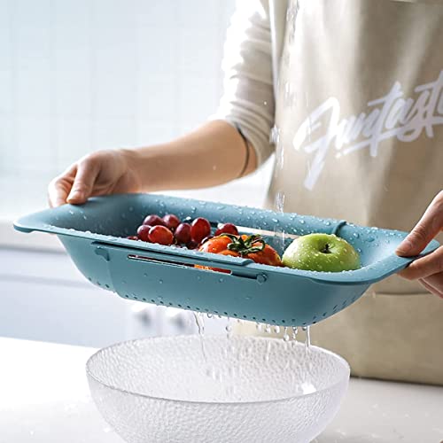 Collapsible Sink Colanders and Strainers Basket Over the Colander Extendable Plastic Fruit Vegetable Strainer Drainer for Kitchen (I-Double Green)