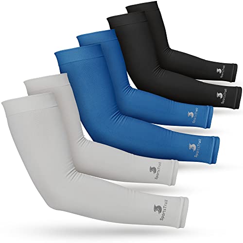 Cooling Arm Sleeves for Men & Women (3 Pairs: 1 Pair Black + 1 Pair Dark Blue + 1 Pair Gray / One Size)