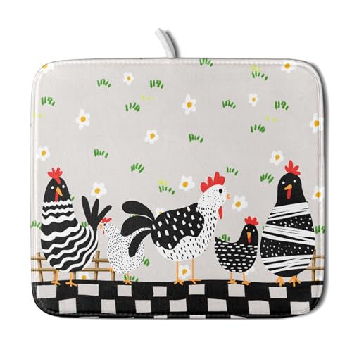 Black Rooster Dish Drying Mat for Countertop 16x18 Inches Buffalo Plaid Microfiber Drainer Rack Pads Fast Dry Dishes Mats Kitchen Accessories (Black Rooster / 16" x 18")