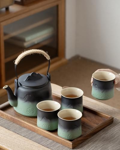 Japanese Teapot Set with 4 Cups (Black & Pea Green / 33.8oz Teapot&4 of 8oz Cups)