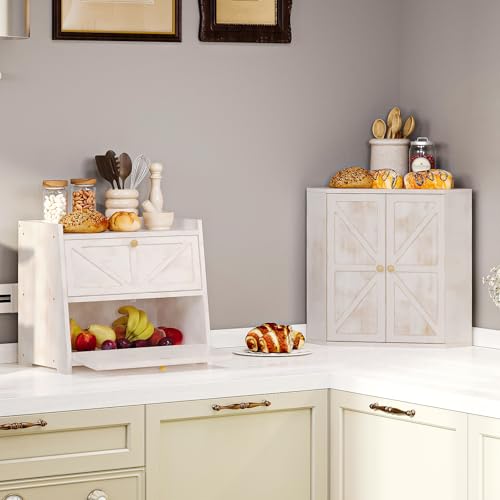 Corner Bread Box for Kitchen Counter Double Layer Bamboo Bread Storage Container Large Capacity Bread Storage Bin Farmhouse Breadbox Organizer (Antique White)