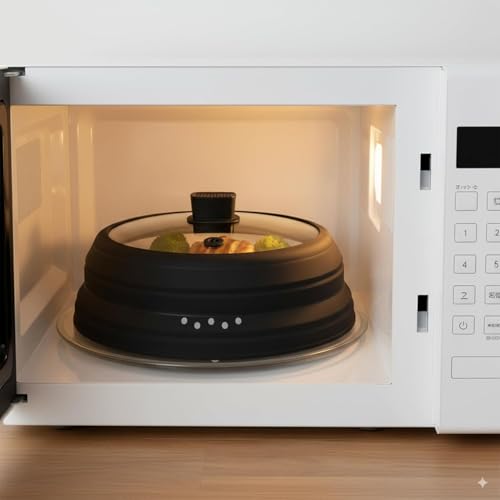 Microwave Splatter Cover Glass Microwave Cover for Food Collapsible Splatter Guard Lid with Silicone Handle for Pot Plate Bowl 9.8 Inch Black (Black / 9.8Inch)