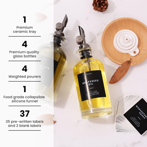 Oil and Vinegar Dispenser with Metal Pour Spout (350ml, Set of 2 Bottles + Tray / Black)