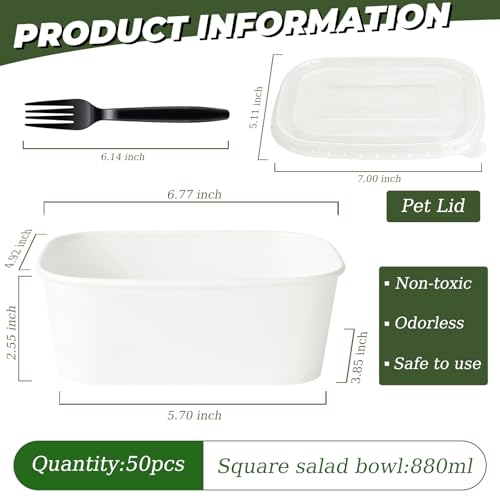 50 Pack 29oz Disposable Meal Prep Containers with Lids & Forks (29oz 50 Count / White Kraft Paper)
