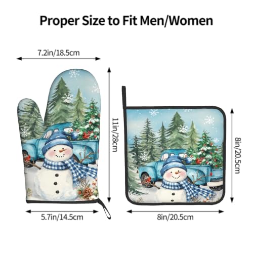 Winter Snowman Blue Oven Mitts and Pot Holder Set of 2 Xmas Truck Decorative Heat Resistant Kitchen Gloves Hot Pad for Baking Cooking Gift (Blue Snowman Truck)