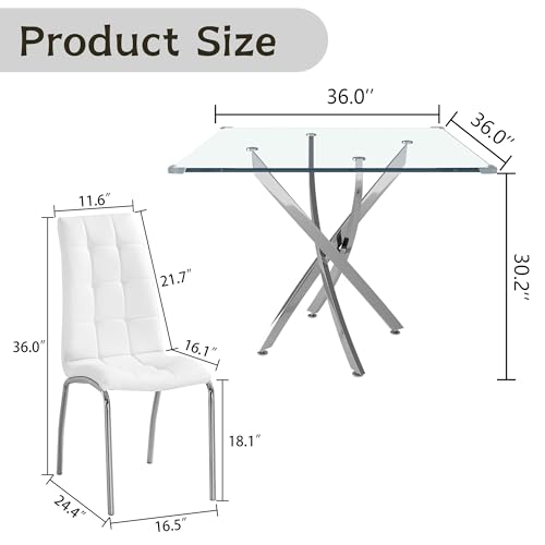 5 Piece Square Glass Dining Table Set (Silver Square Table/White Pu Chairs / 5 Pieces)