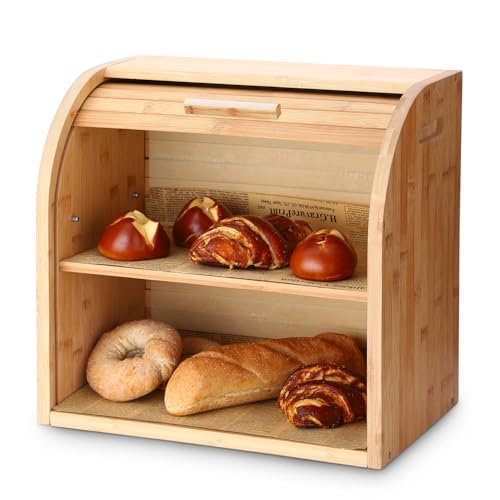 2 Layer Bamboo Bread Box for Kitchen Organizer (Bamboo / Large)