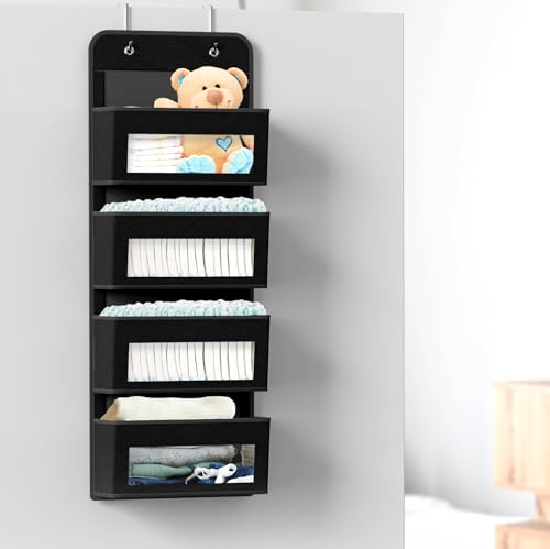 4 Clear Window Pocket Over Door Hanging Organizer (4 Pockets / Black)