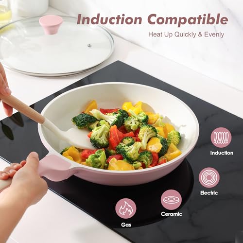 12.5In Nonstick Ceramic Frying Pan with Lid (Sakura Pink / 12.5 Inch)
