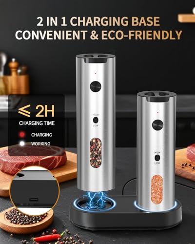 Rechargeable Electric Salt and Pepper Grinder Set (2-Speed Silver)