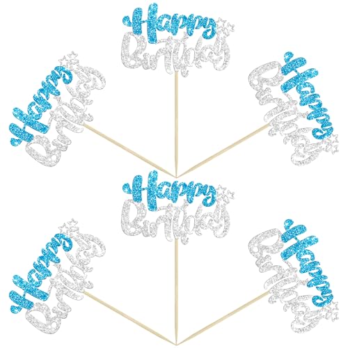 24Pcs Happy Birthday Cupcake Toppers Double Layer Glitter Happy Birthday Cake Decorations for Winter Wonderland Baby Shower Theme Anniversary Party Decorations Supplies Blue Silver (Style 1 / Blue Silver)