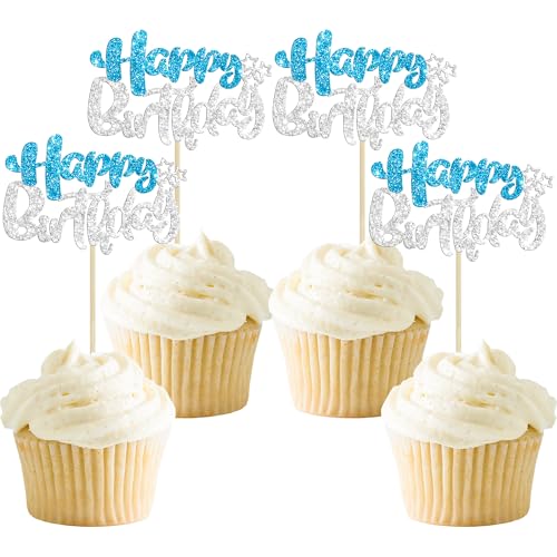 24Pcs Happy Birthday Cupcake Toppers Double Layer Glitter Happy Birthday Cake Decorations for Winter Wonderland Baby Shower Theme Anniversary Party Decorations Supplies Blue Silver (Style 1 / Blue Silver)