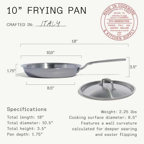 Cookware - 10-Inch Stainless Steel Frying Pan With Lid - 5 Ply Stainless Clad - Professional Cookware - Crafted in Italy - Induction Compatible (10" with Lid)